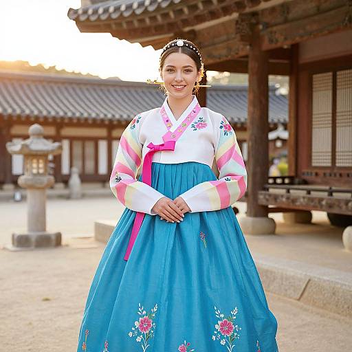 Photograph of a smiling Korean woman in traditional hanbok with blue skirt, white floral blouse, pink and yellow sleeves, standing in a traditional Korean