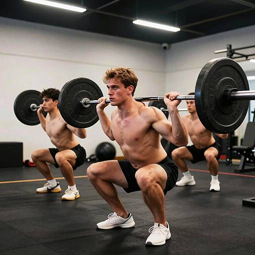 Muscular Men Squatting in Gym