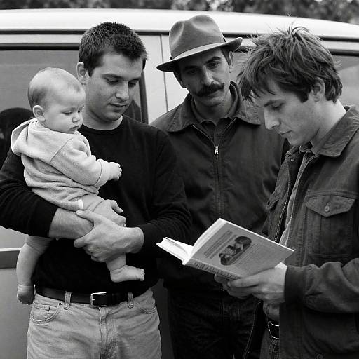 Black and White Photo of Three Men and Baby Reading Outdoors