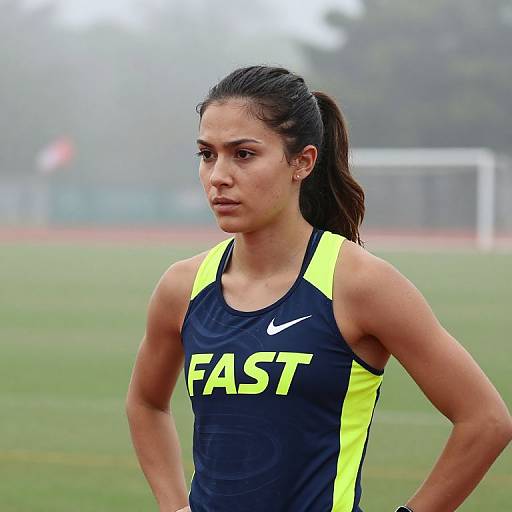 Photograph of a focused young woman with olive skin, dark hair in a ponytail, wearing a black and yellow 