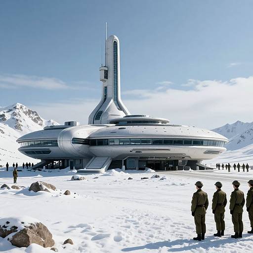 Photorealistic CGI of a futuristic, white, dome-shaped space station with a tall, vertical tower, surrounded by snowy mountains and people standing in the