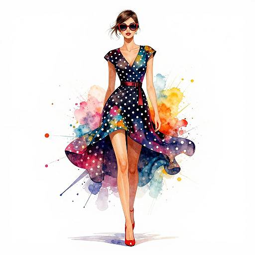 Digital artwork of a confident woman in a polka dot dress, red heels, and sunglasses, with vibrant watercolor splashes behind her.