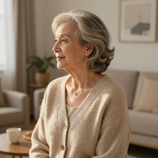 Photograph of an elderly woman with short gray hair, wearing a beige knitted cardigan, smiling in a sunlit living room.