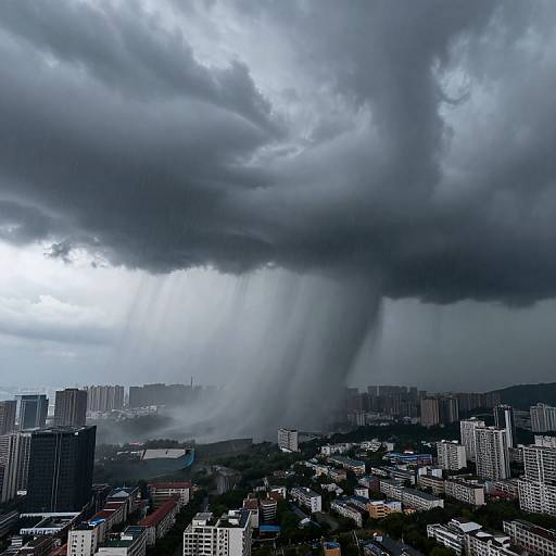 Photograph of a cityscape under a massive, dark storm cloud with rain shafts descending, enveloping high-rise buildings in a dramatic, overcast