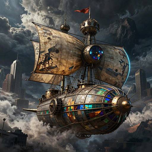 Steampunk airship with stained, glowing windows and large sails, soaring over a stormy, modern cityscape with skyscrapers. Digital artwork