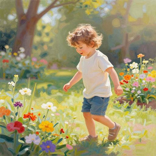 Digital painting of a curly-haired toddler in a white shirt and blue shorts, walking through a sunlit garden with colorful flowers.