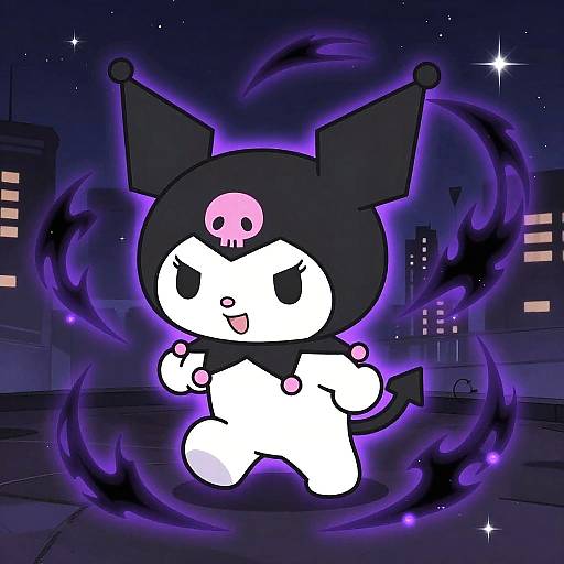 Digital anime-style drawing of a white, cartoon cat with black jester hat featuring a pink skull, glowing purple aura, and dark cityscape background.