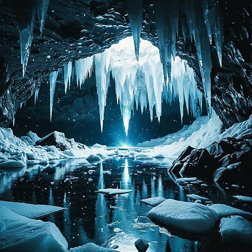 Icy Crystal Cave with Stalagmites and Frozen Pool