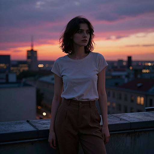Photograph of a young woman with shoulder-length dark hair, wearing a white t-shirt and high-waisted brown pants, standing on a rooftop at