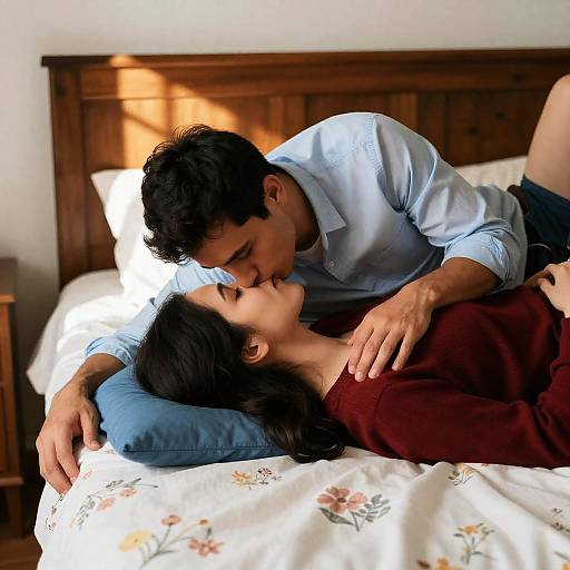 Romantic Couple Embracing in Sunlit Bedroom