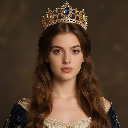 Photograph of a young woman with fair skin, long brown hair, wearing a gold crown with blue gemstones, and a dark blue velvet dress with