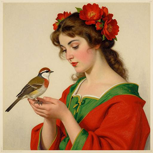 Vintage Woman with Bird and Flowers