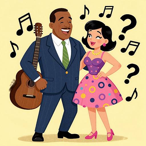 Cartoon of a smiling Black man in a suit with a guitar, and a smiling white woman in a polka dot dress, both standing and singing