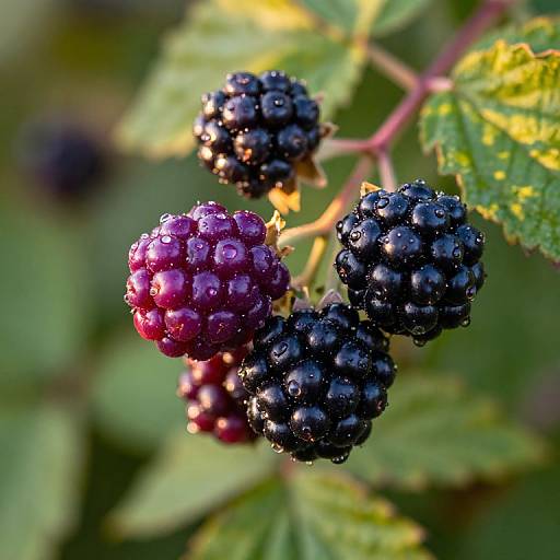 Close-up photograph of dew-covered black and dark purple blackberries on a green leafy branch, with sunlight highlighting the berries.
