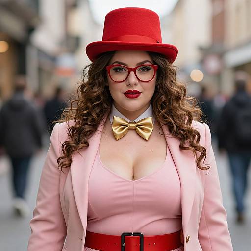 Photograph of a curvy woman with curly brown hair, red hat, glasses, pink blazer, gold bow tie, red belt, and red
