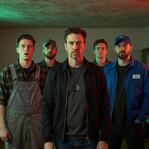 Group of Five Men in Dimly Lit Room