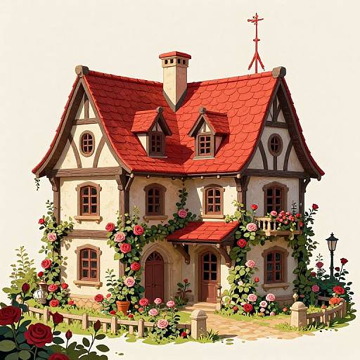 Colorful, detailed digital illustration of a charming, ivy-covered, Tudor-style house with red roof, arched windows, and vibrant roses in
