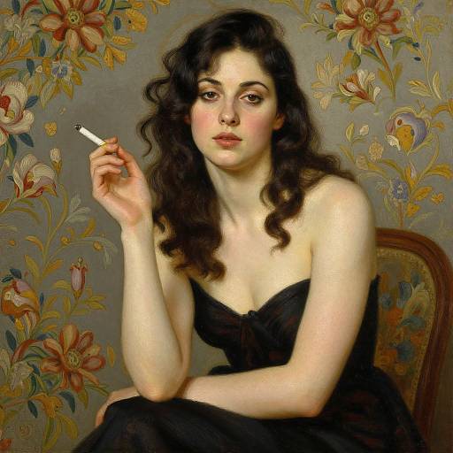 Photorealistic painting of a pale-skinned woman with wavy black hair, wearing a black strapless dress, holding a cigarette, against a floral
