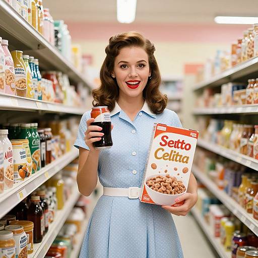 Retro-styled woman with red lipstick, blue polka-dot dress, and brown curls, holding cereal box and cola can in a grocery aisle.