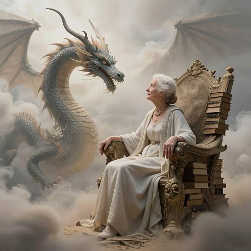 Digital artwork: elderly woman in white gown, seated on throne made of books, gazes at a majestic, blue-scaled dragon with wings. Eth