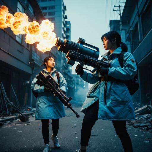 Two Women with Flamethrower in Dystopian City