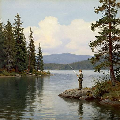 Photograph of a lone fisherman standing on a rocky shore, casting a line into a serene, reflective lake surrounded by tall pine trees and distant mountains