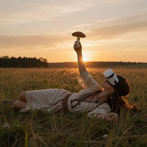 Photograph of a woman in a white dress and headband, lying in a grassy field at sunset, holding a spinning top aloft.
