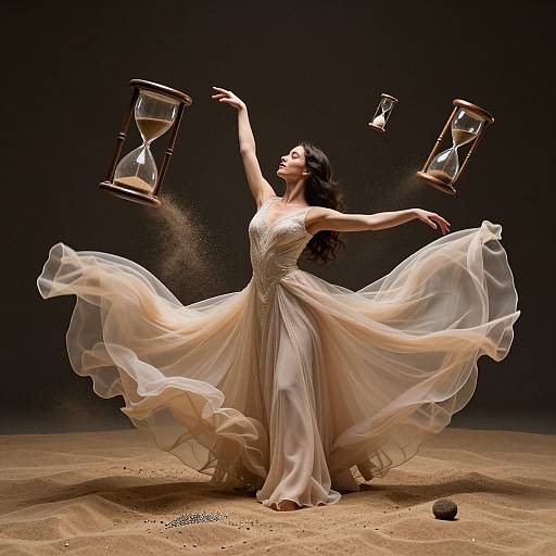 Photograph of a dark-haired woman in a flowing, sparkly white gown, balancing three floating hourglasses, standing on sandy ground.