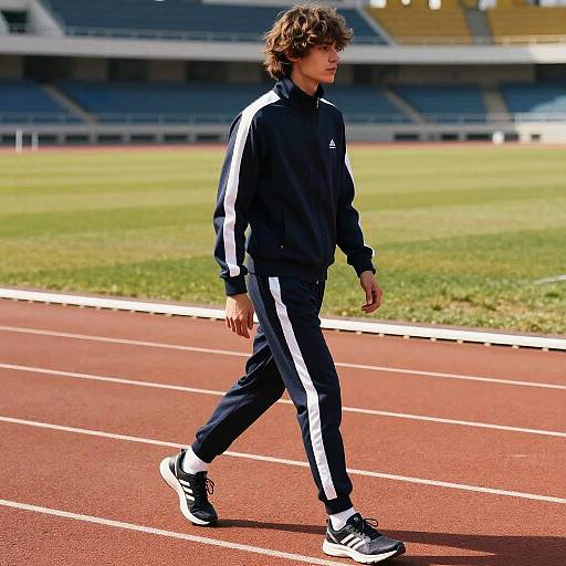 Photograph of a young man with curly brown hair, wearing a black tracksuit with white stripes, walking on a sunny red track near a grassy