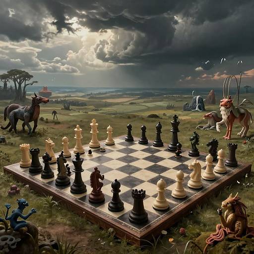 Fantastical chessboard on a sunlit, stormy savanna with mythical creatures, including a centaur, griffon, and dragon,