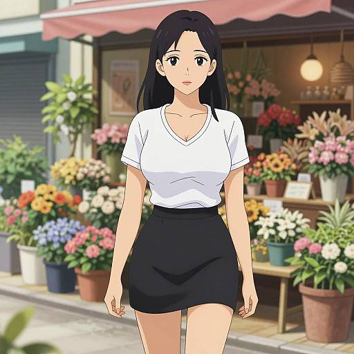 Anime-style digital drawing of a young woman with long black hair, wearing a white V-neck top and black skirt, standing in front of a colorful flower