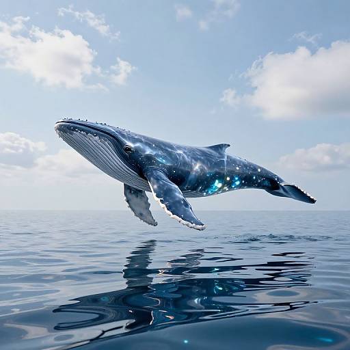Photograph of a majestic blue whale with sparkling water droplets, gracefully swimming above calm, reflective ocean waters under a bright, cloudy sky.