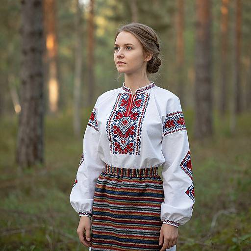 Young woman with fair skin and brown hair, wearing a white embroidered blouse and striped skirt, standing in a forest. Photograph.