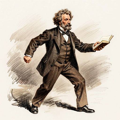 Illustration of a bearded, middle-aged man in a black suit, holding a book, mid-stride, with dynamic, sketch-like, black