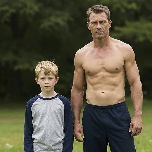 Serious Man and Boy in Sunlit Nature