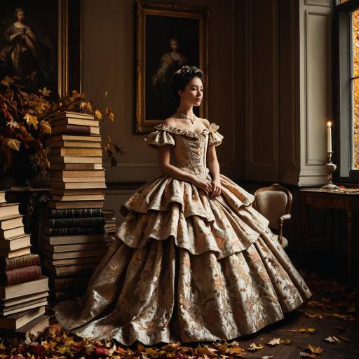 Woman in Baroque Gown with Autumn Leaves and Books