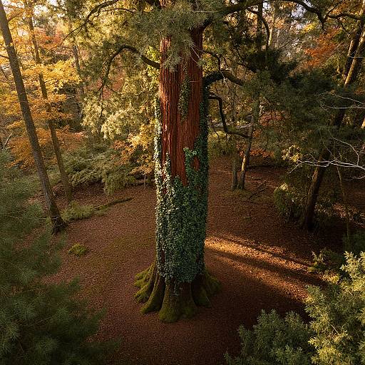 Photograph of a tall tree with red bark and ivy, surrounded by autumnal forest; sunlight filters through golden leaves, casting shadows on the forest
