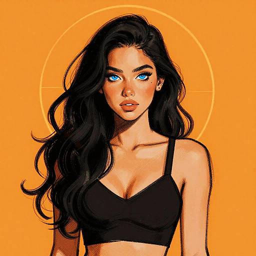 Digital illustration of a stunning woman with long black hair, bright blue eyes, wearing a black bra, against a vibrant orange background with a circular halo.