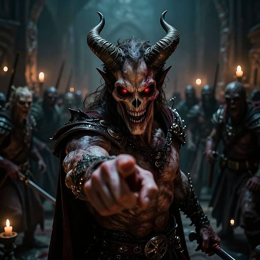 Digital artwork of a menacing demon with glowing red eyes, large horns, and skeletal face, pointing forward in a dimly lit, candle-lit cathedral