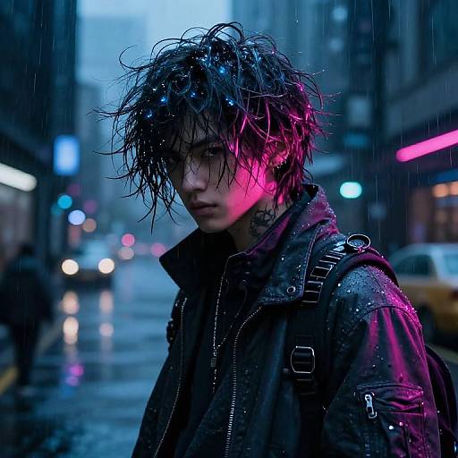 Cyberpunk photograph of a wet-haired, androgynous person with pink and blue neon highlights, wearing a dark, rain-soaked leather jacket