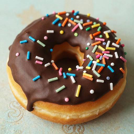 Photograph of a chocolate-glazed donut with colorful sprinkles, slightly tilted, on a white textured surface with subtle patterns.