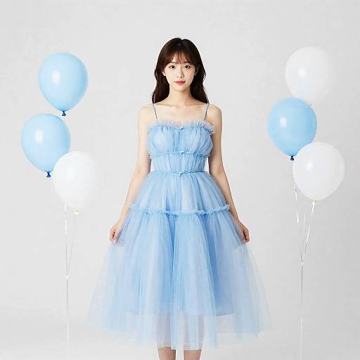 Woman in Puffy Blue Birthday Dress