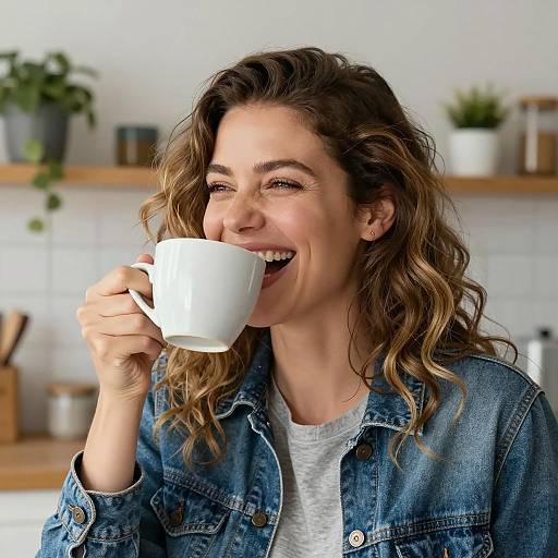 Woman Drinking Coffee and Laughing
