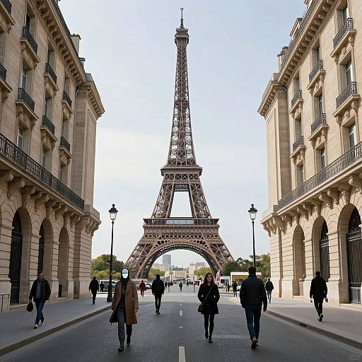 Photograph of Parisian street flanked by buildings, leading to Eiffel Tower viewed through central archway, with pedestrians walking. Bright daylight,