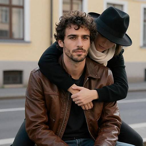 Rugged Man Embraced on Sunny Street