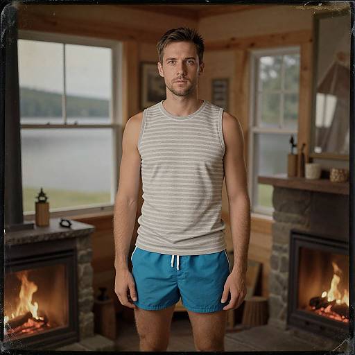 Photograph of a muscular, fair-skinned man with short brown hair, wearing a white-striped tank top and blue shorts, standing in a rustic wooden