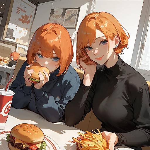 Two Anime Girls Eating Burgers in Restaurant