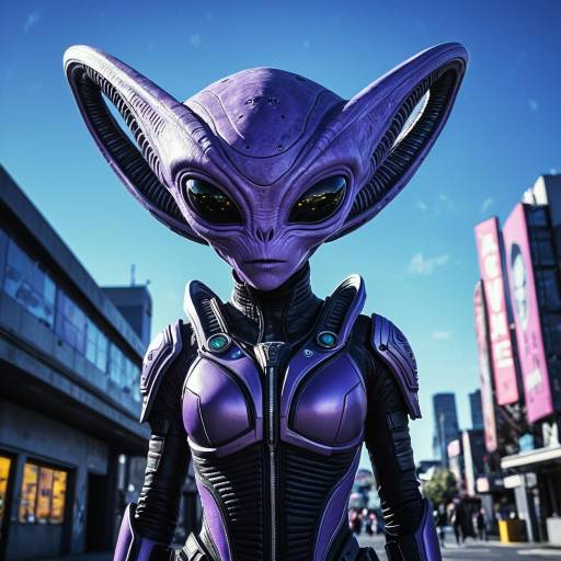 Lavender Alien Character in Futuristic Urban Setting