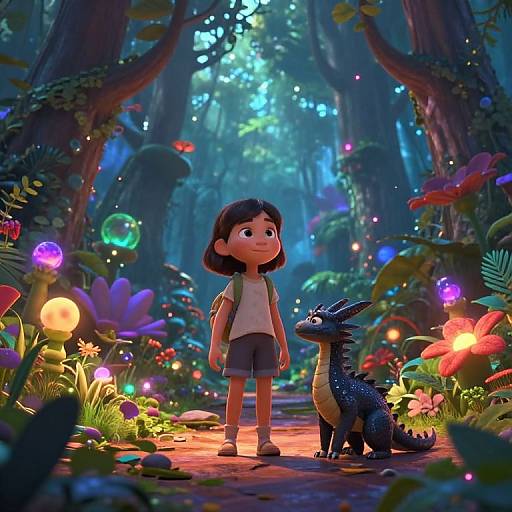 Adventurous Girl and Dragon in Enchanted Forest