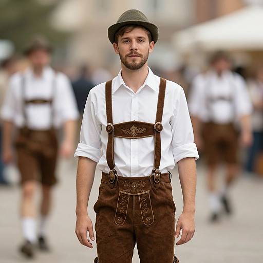 Photograph of a bearded man in white shirt, brown suspenders, leather hat, and brown pants, standing in a blurred outdoor market.